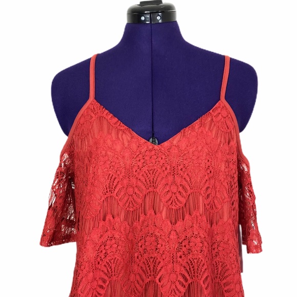 Love Fire Orange Lace Cold Shoulder Short Dress - Picture 2 of 8
